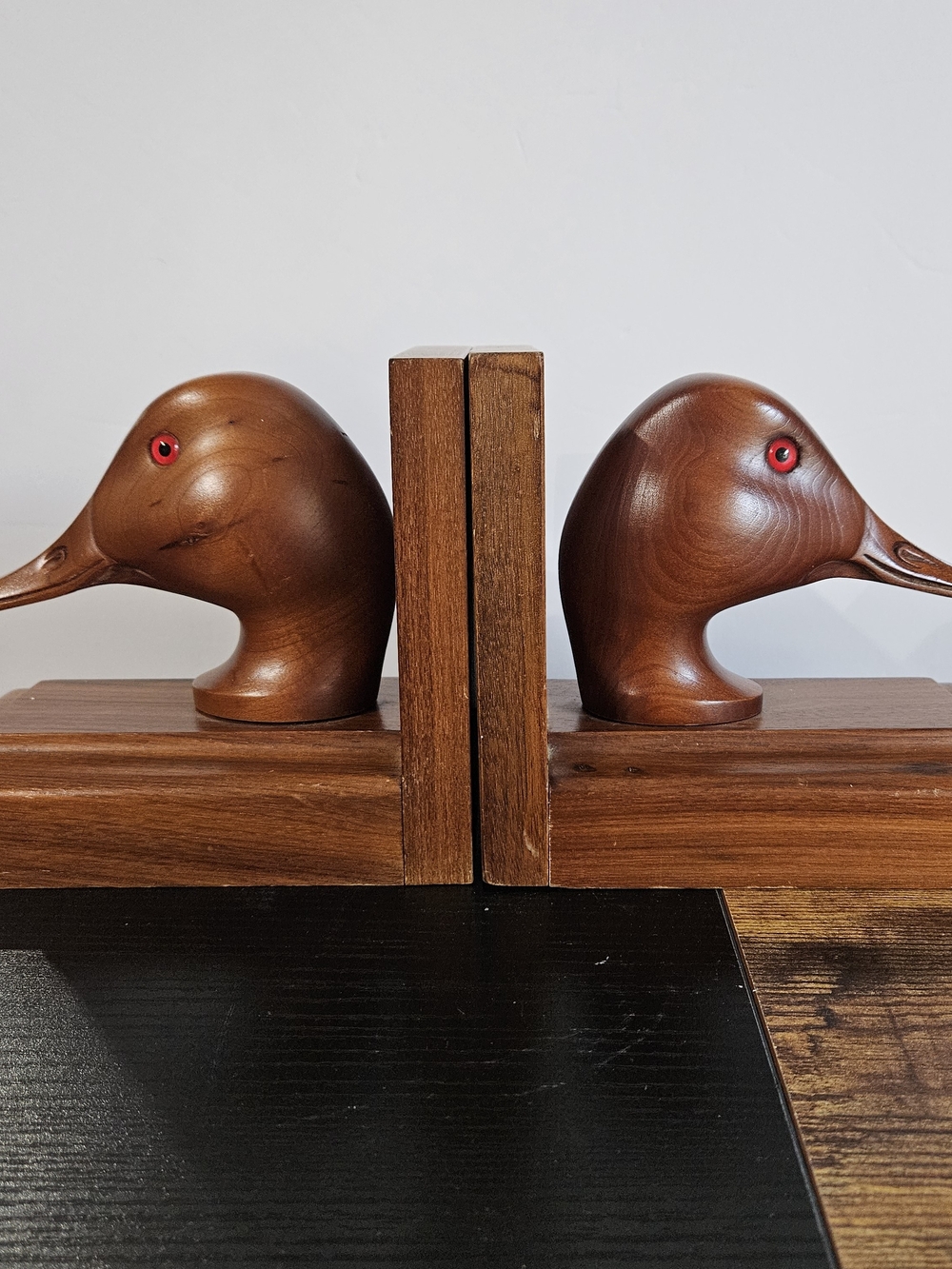 Wooden Duck Head Bookends in Warm Brown